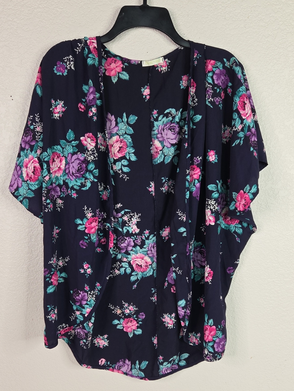Floral Open Front Kimono - Navy with Pink & Teal Blooms